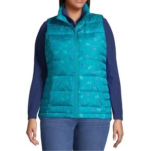 Lands' End Teal Blue Floral Puffer Vest